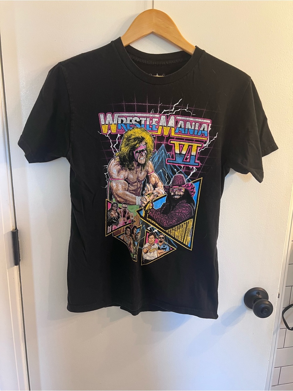 WWE Black WrestleMania VII Graphic Tee with Neon Artwork
